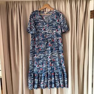 Stitch by Chenault Sailboat Print Rayon Midi Dress L Navy Nautical